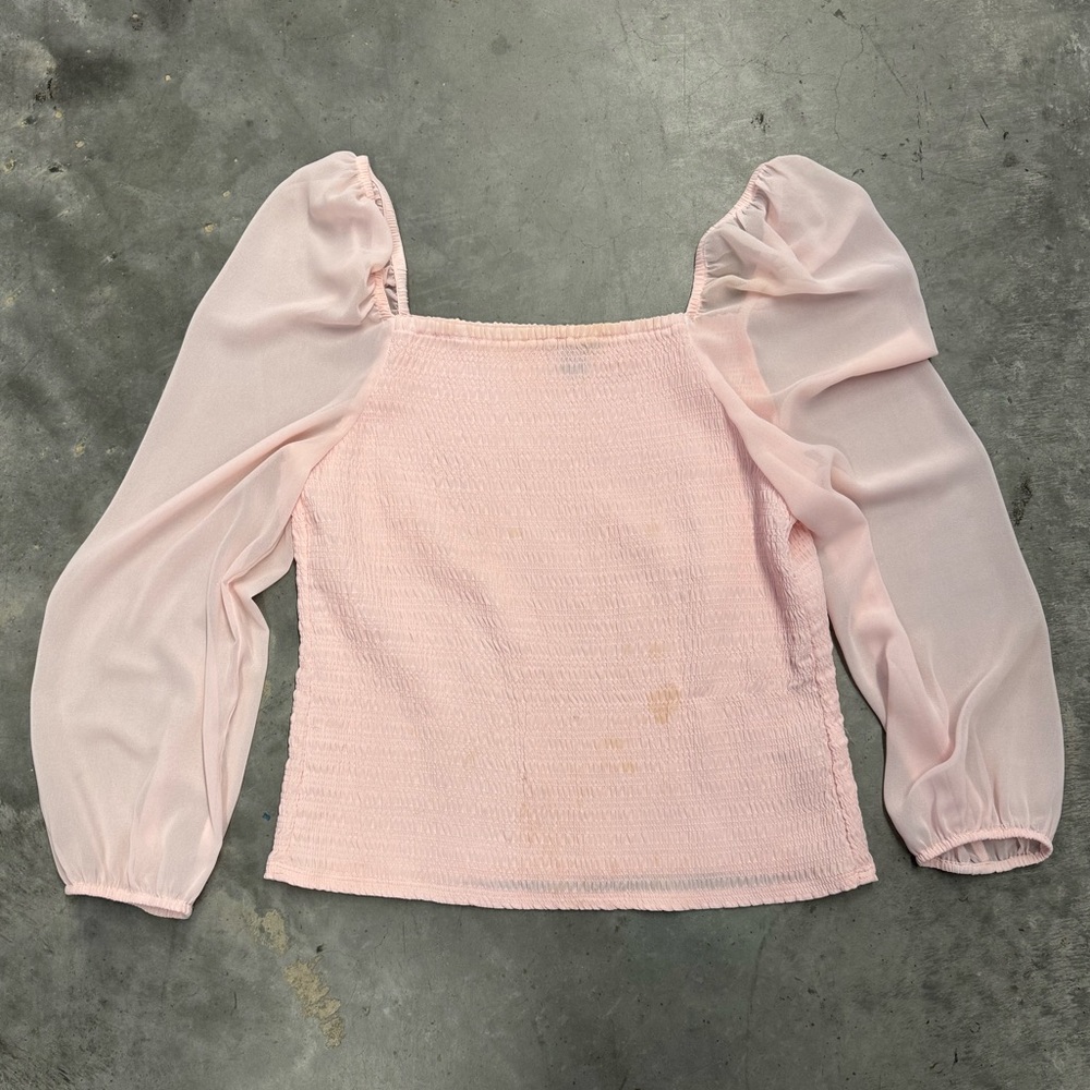 Halogen Blush Pink Smocked Blouse Size 1X Sheer Sleeve Top Women